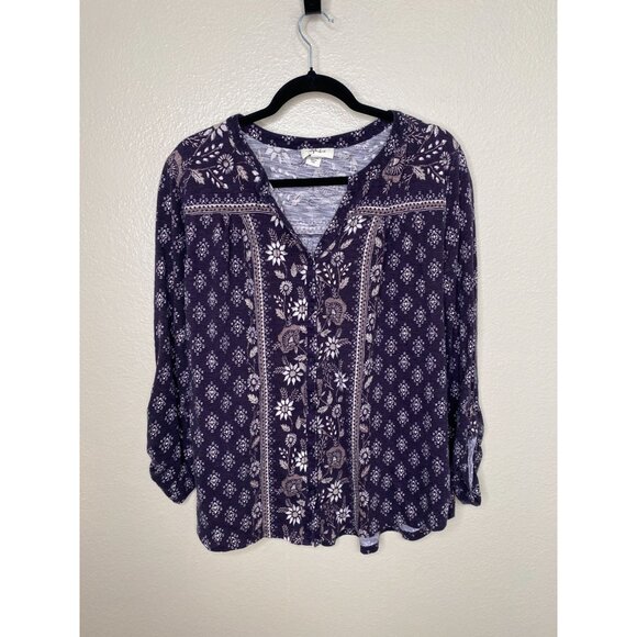 Style & Co Womens Floral Button-Front Blouse XL Purple White 3/4 Sleeve Cotton - Picture 2 of 6